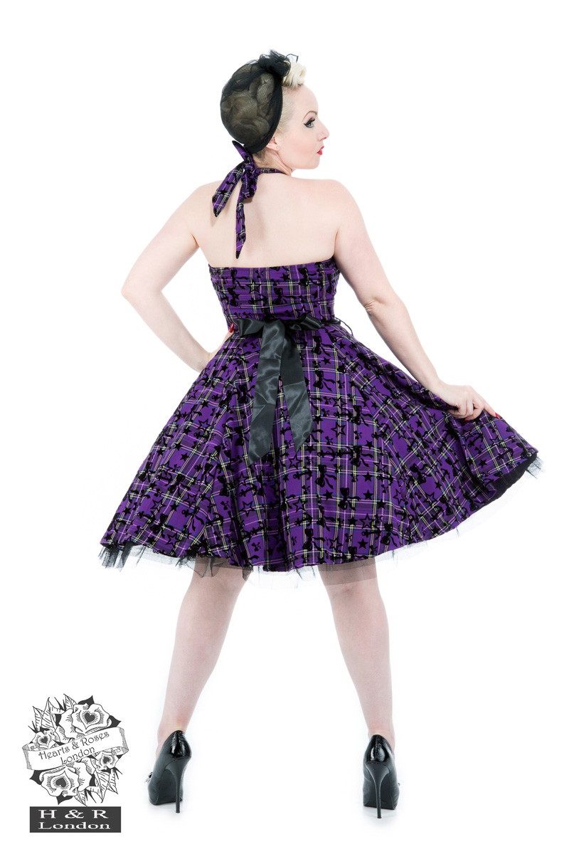 Kiara Purple Tartan Flocked Halterneck Dress